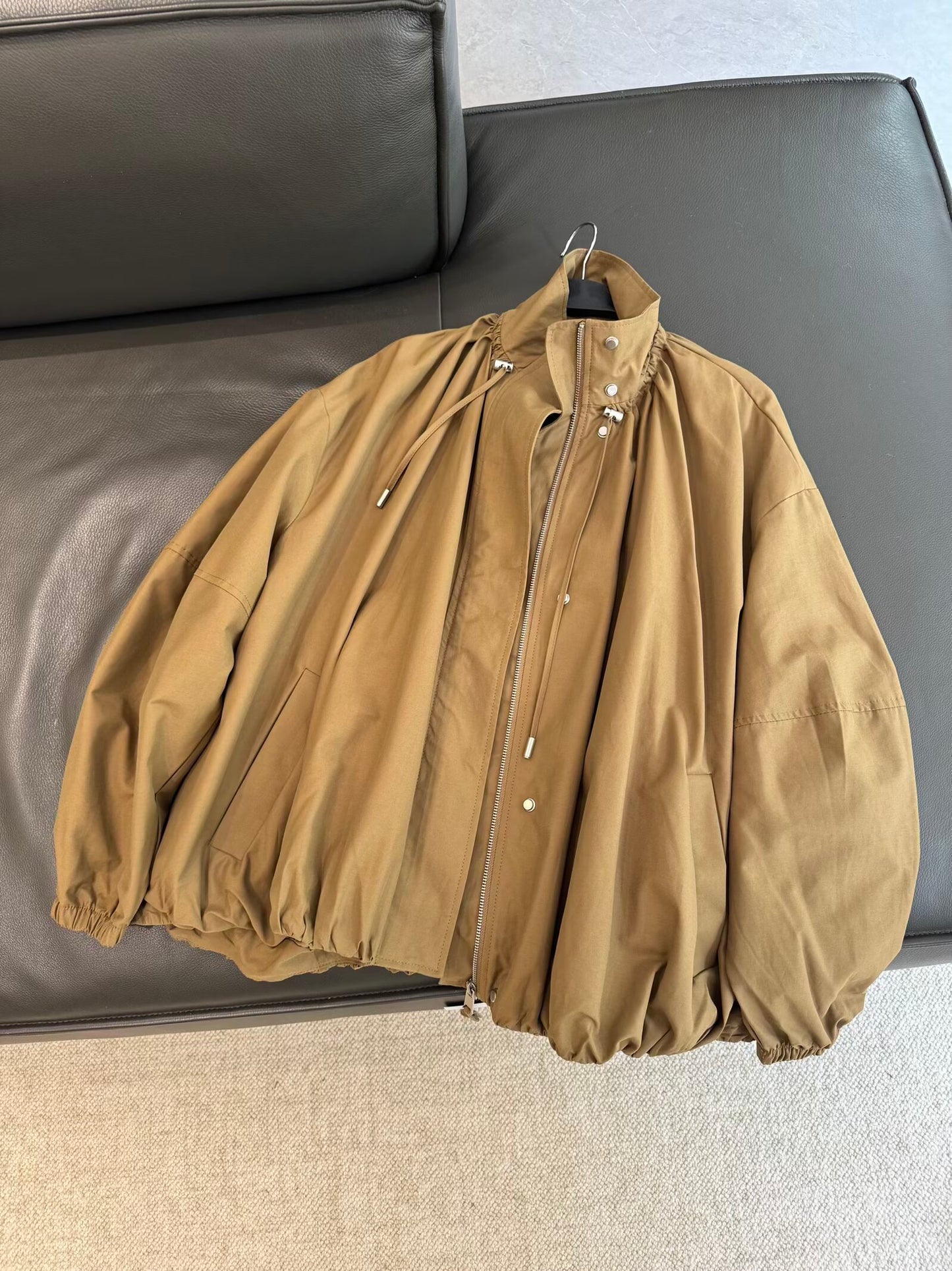 Women's new fashion loose stand collar pleated flight jacket Coat