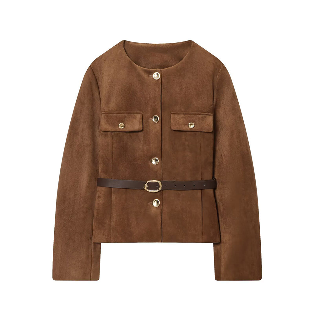Women's new fashion with Belt suede texture effect O Neck suit jacket