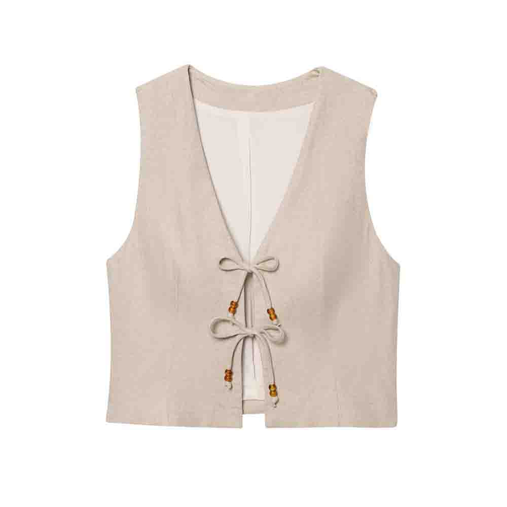 suit Women's 2 pieces New bow decoration linen blended vest+shorts suit