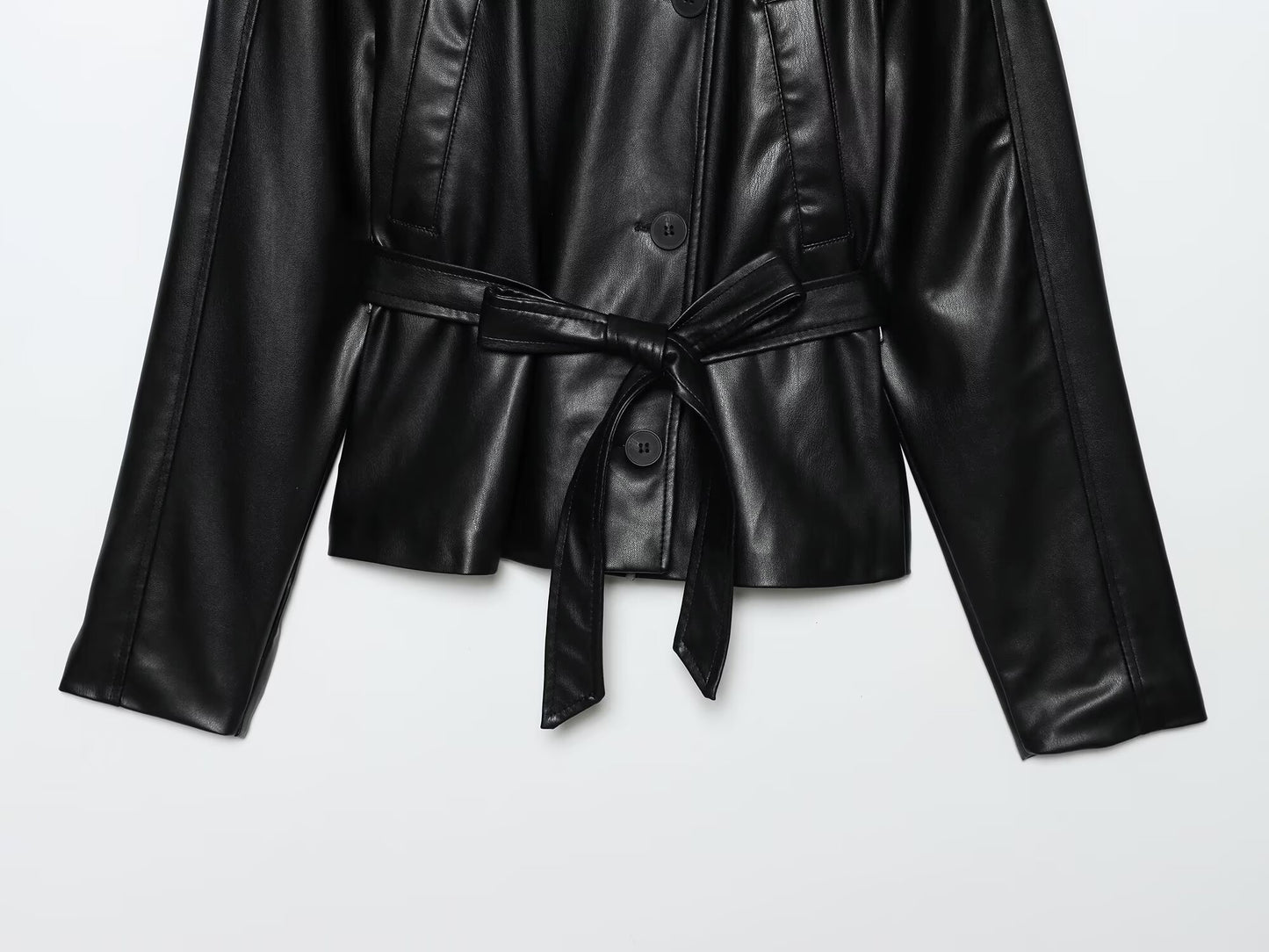 Women's new fashion with Belt short Faux Leather windbreaker Coat