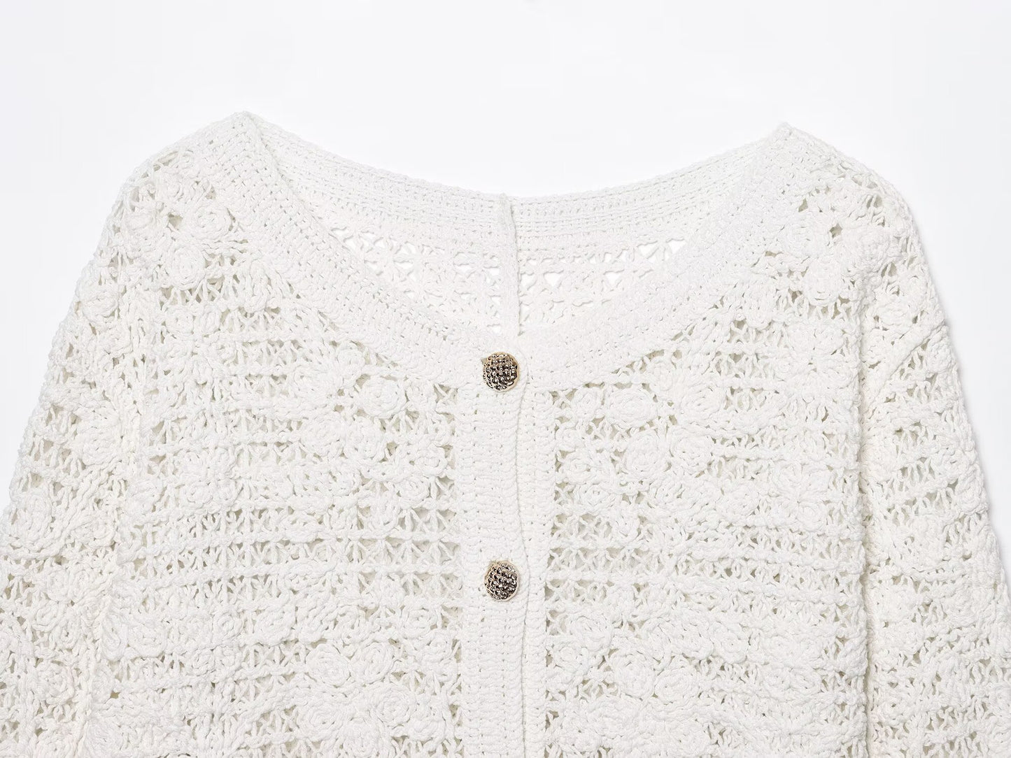 Women's New Fashion breasted decorative long sleeved crocheted knitted top
