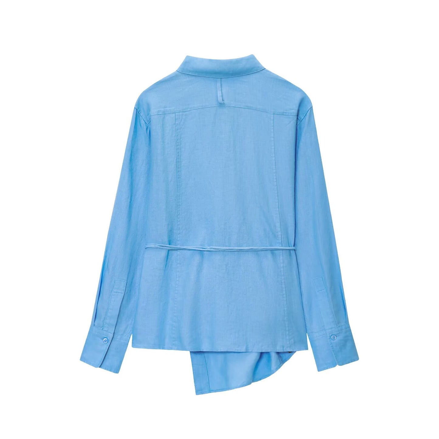 Women's new fashion With Belt asymmetric hem loose linen blend shirt
