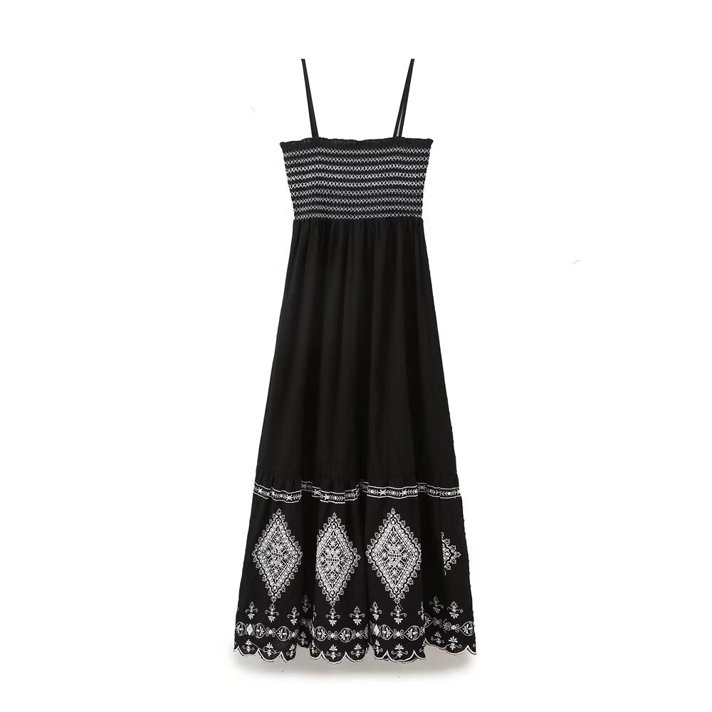Women's new fashion sleeveless pleated embroidered suspender MIDI dress