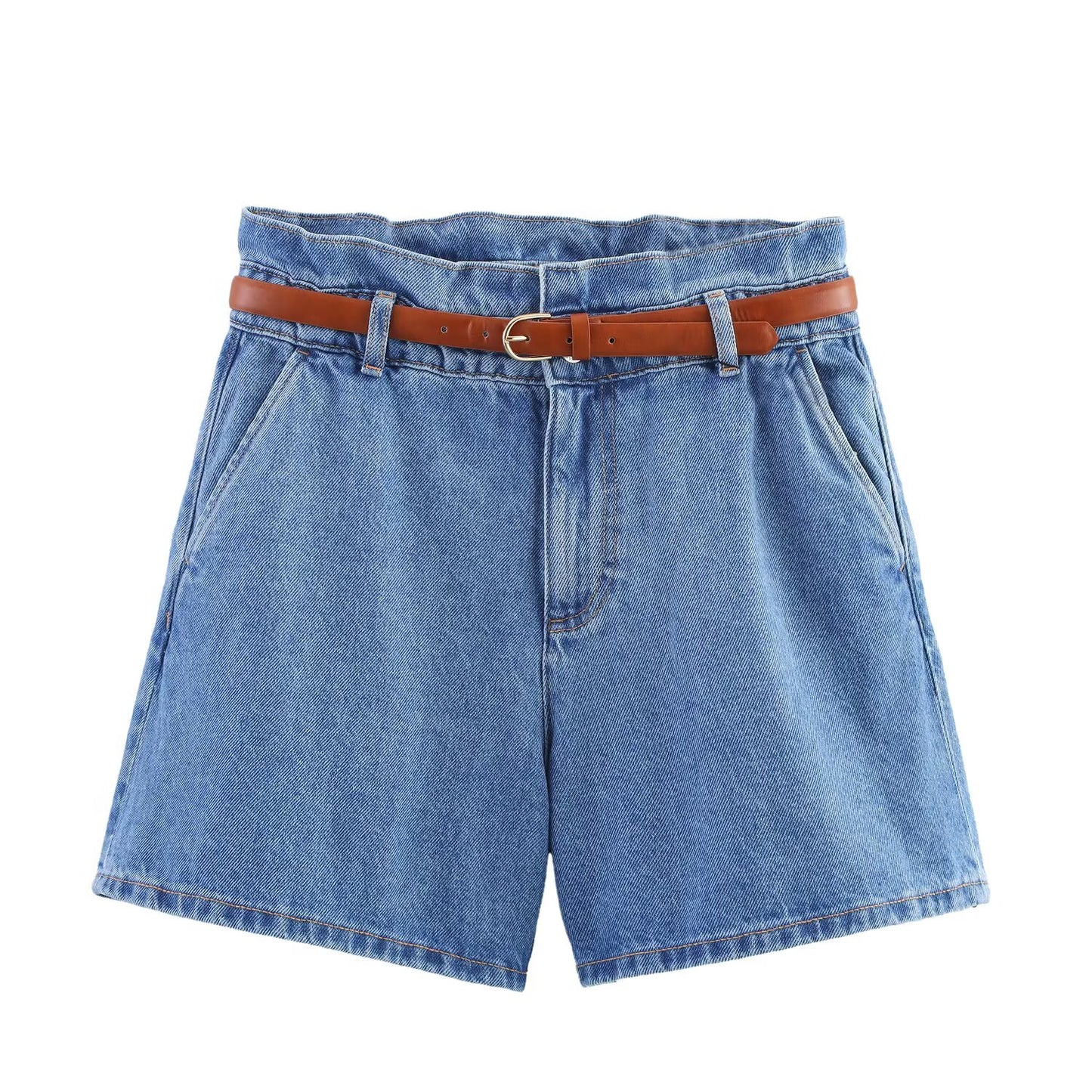 Women's New Fashion With Belt High Waist Paper Bag style Casual Denim shorts