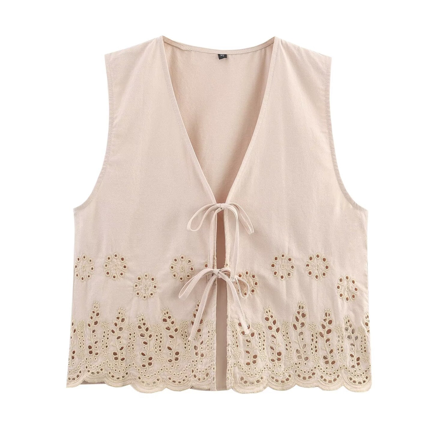 Women's new fashion hollow embroidery linen blended V-neck vest