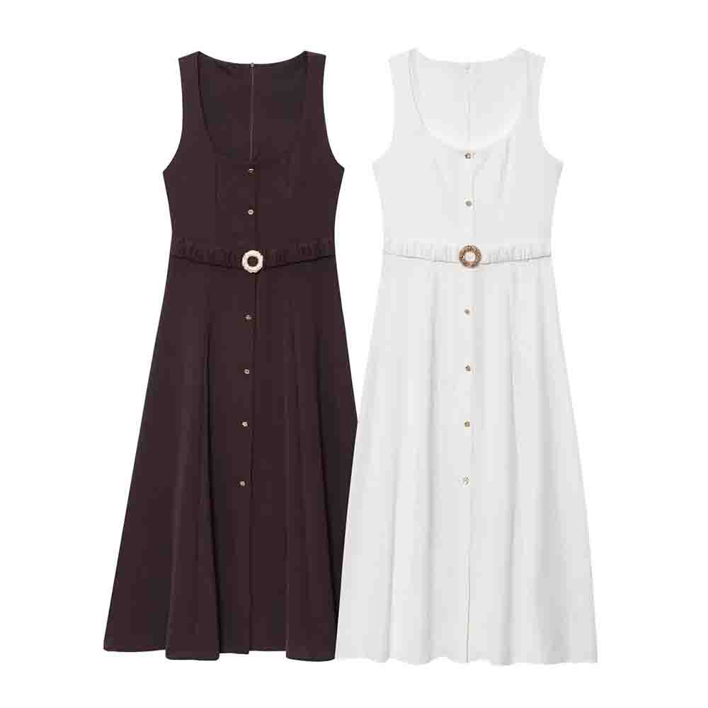 Women's New Fashion With Belt Sleeveless Square Neck Midi Dress