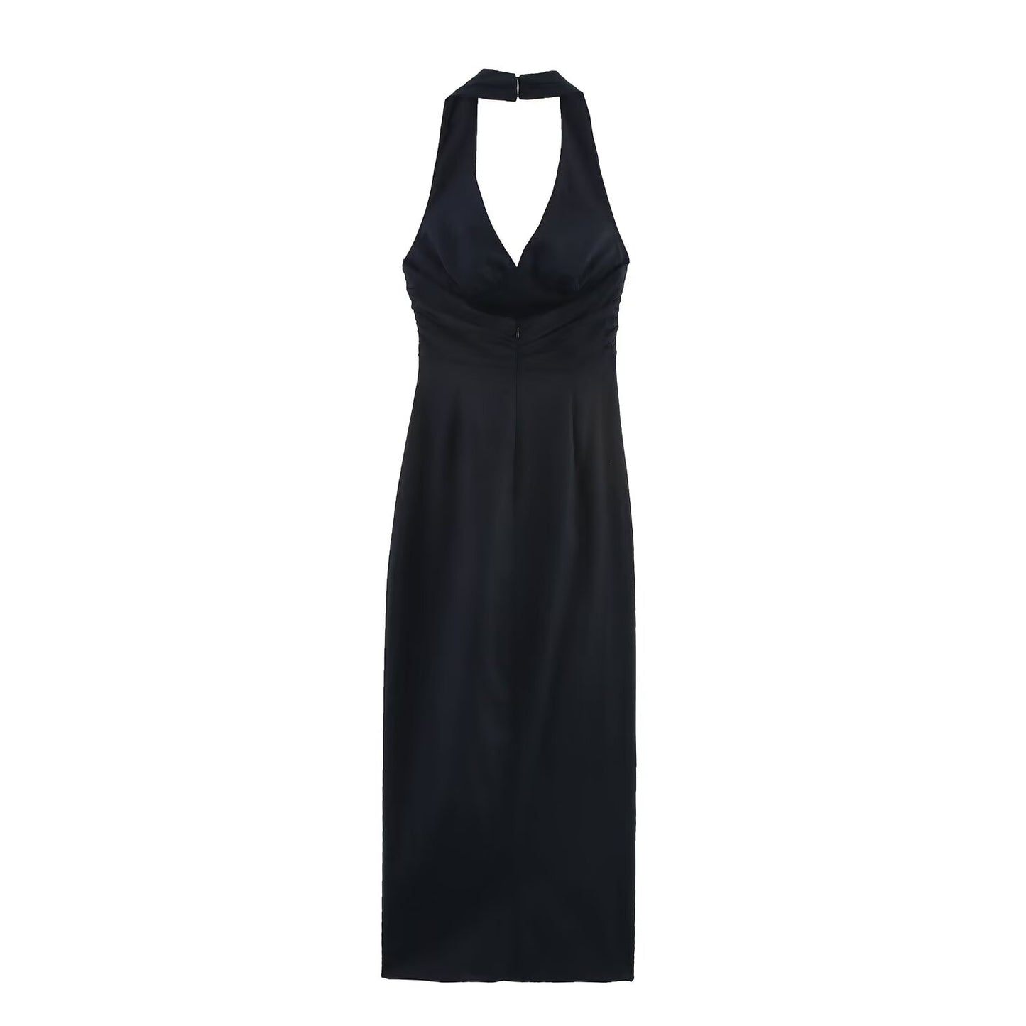 Women's new chic fashion pleated decoration tight hanging neck Split MIDI dress retro sleeveless backless women's dress