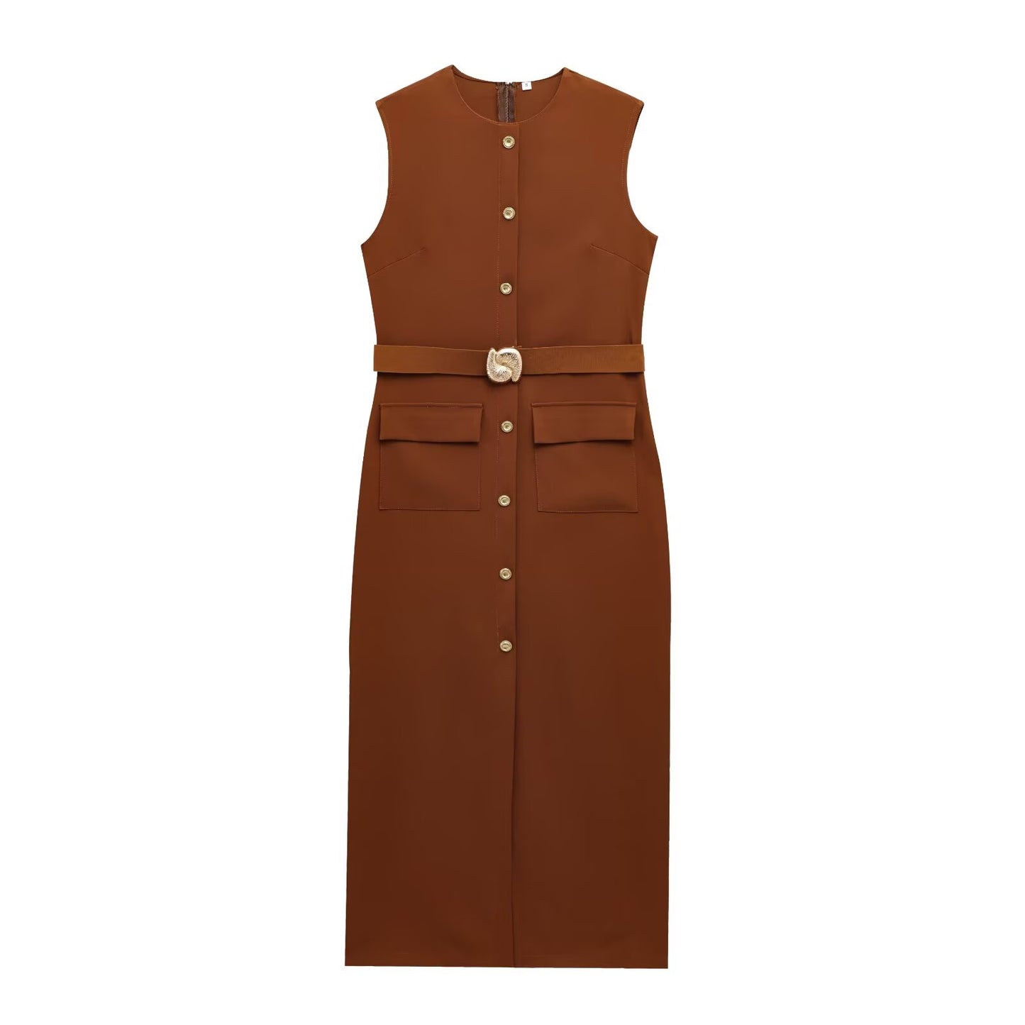 Women's new chic Fashion With belt slim single breasted Midi dress retro sleeveless women's dress