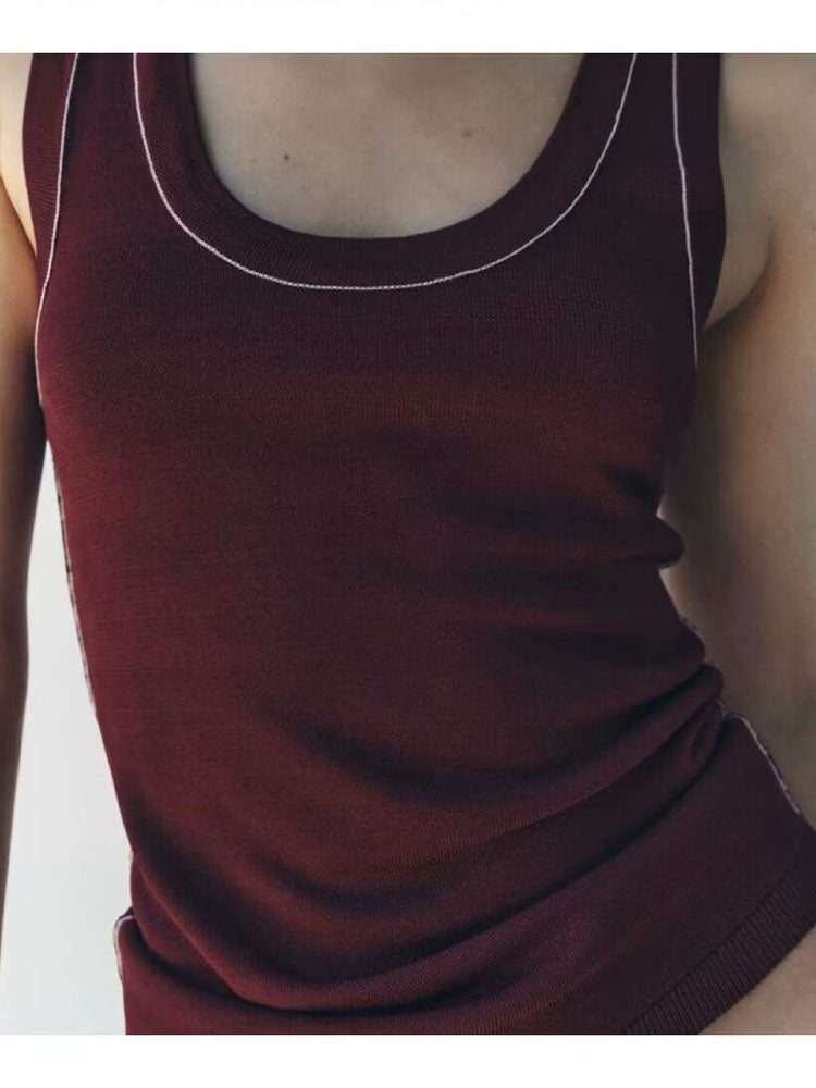 Women's 2025 chic and stylish contrast-trimmed plain needle sleeveless top vest