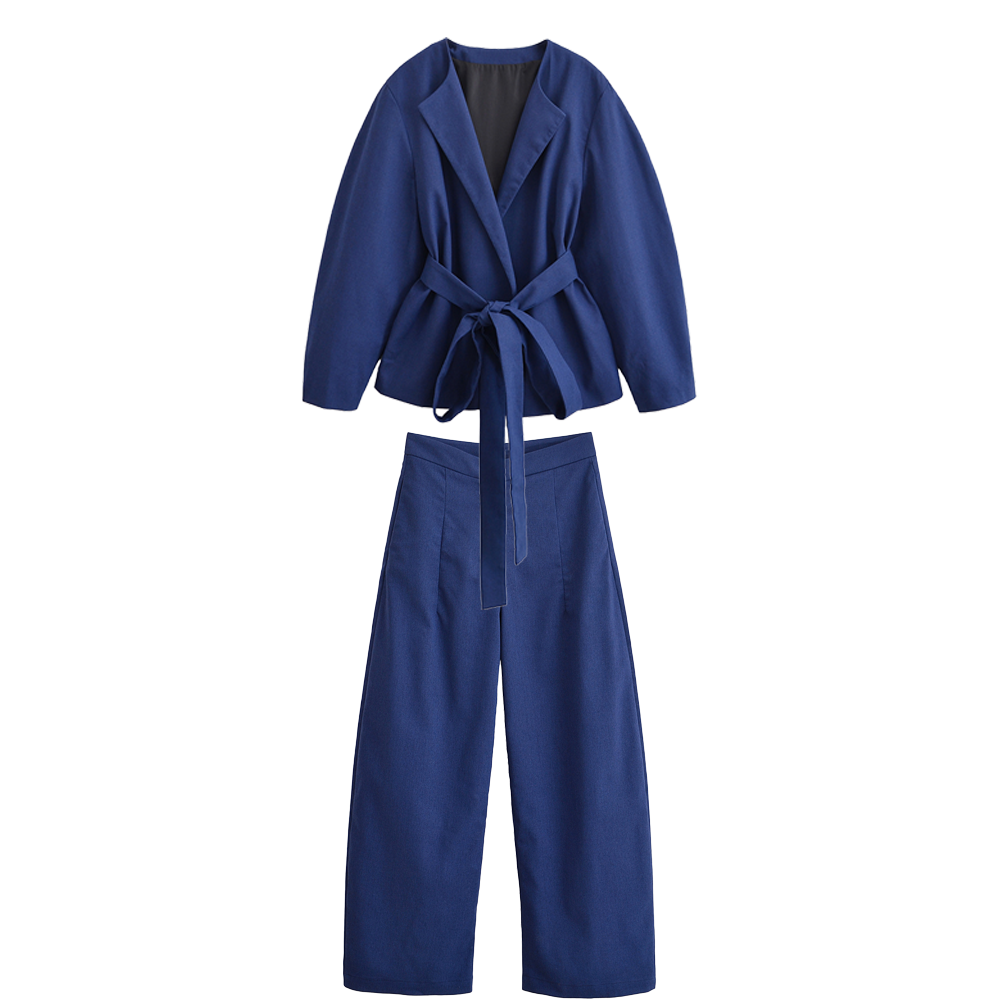 Women's New Fashion With Belt Hemp Blended Kimono Style Suit Coat+Pants Suit