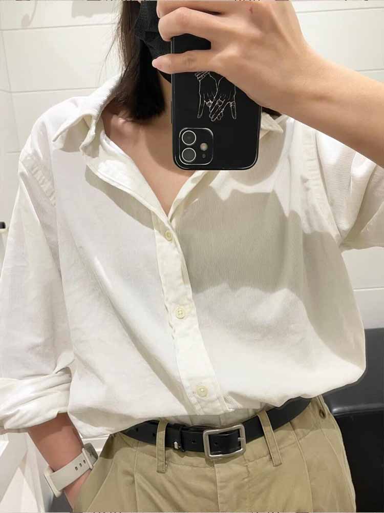 Men and Women with The Same New Fashion Joker Casual Cotton Corduroy Loose Long Sleeve Lapel Shirt Top.