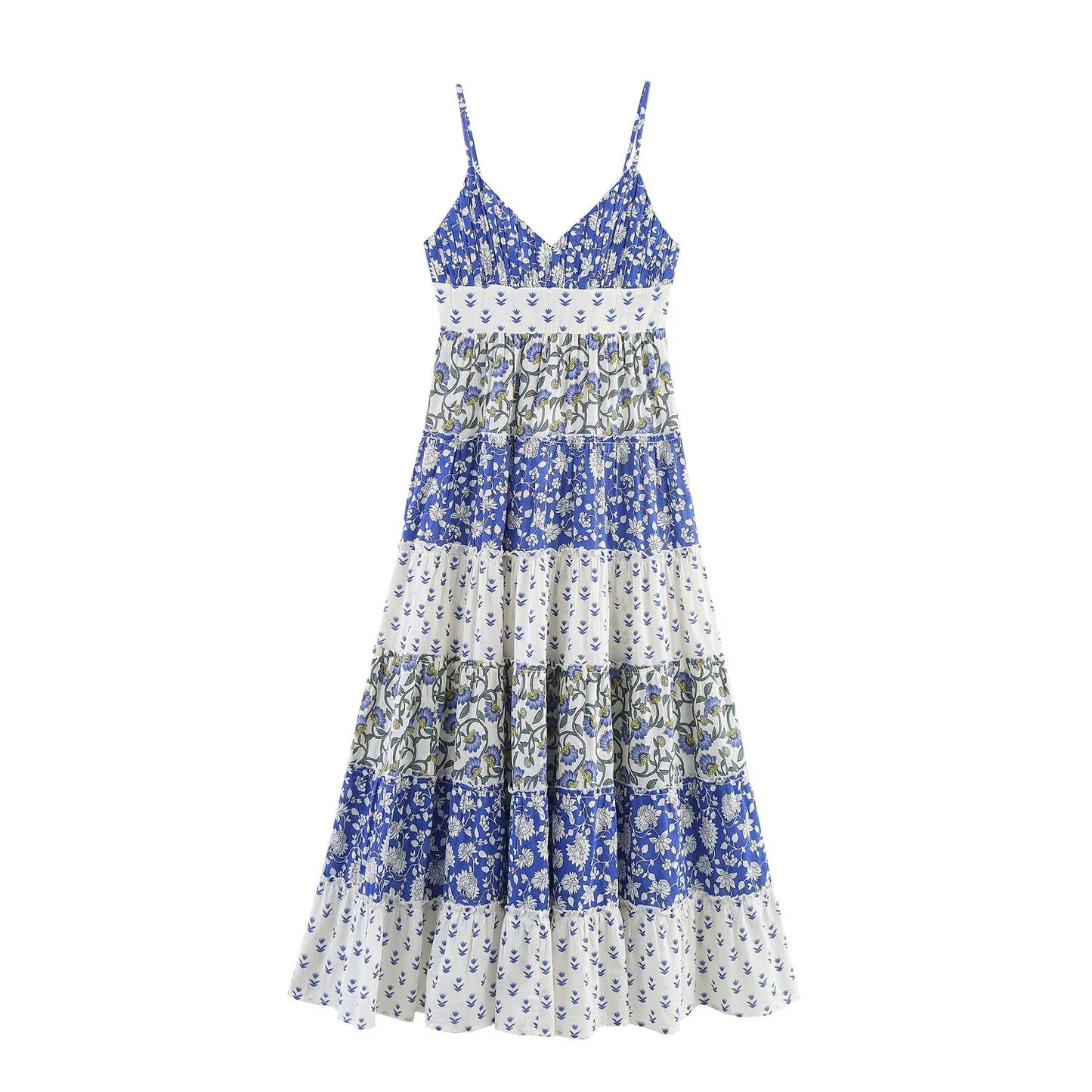 Women's new fashion sleeveless patchwork printed suspender MIDI dress