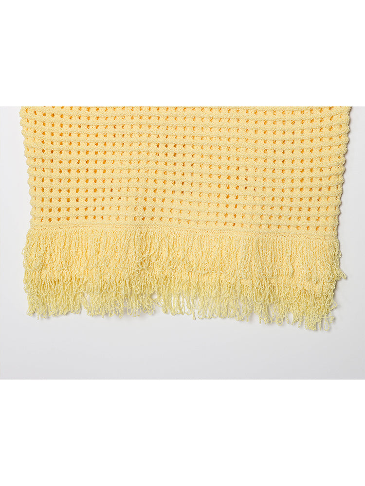 Women's New Fashion tassel decoration short plaid knitted top