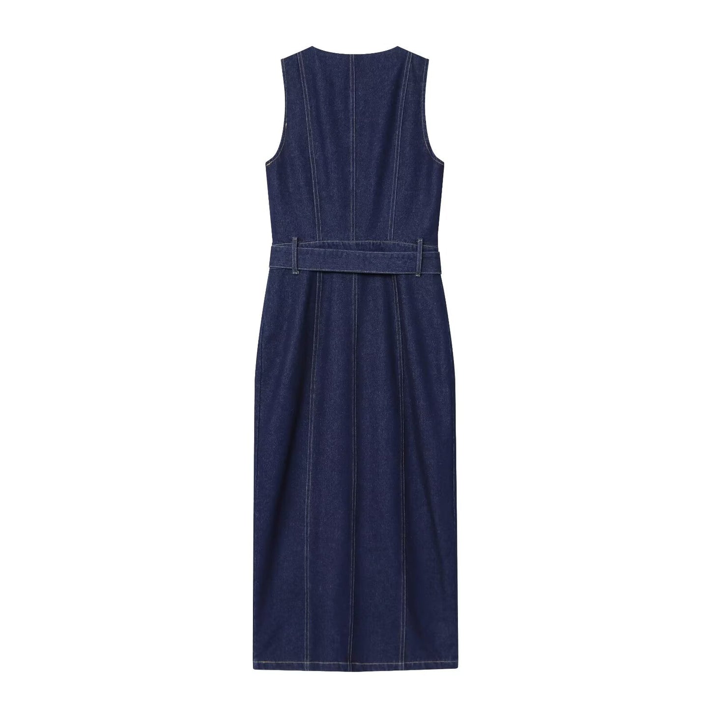 Women's new fashion with Belt slim O Neck denim Midi dress