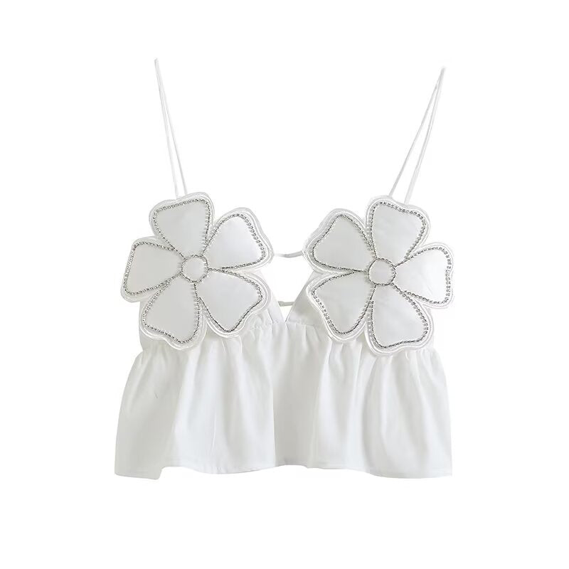 Women's new fashion flower bead decoration suspender top retro sleeveless women's vest chic top