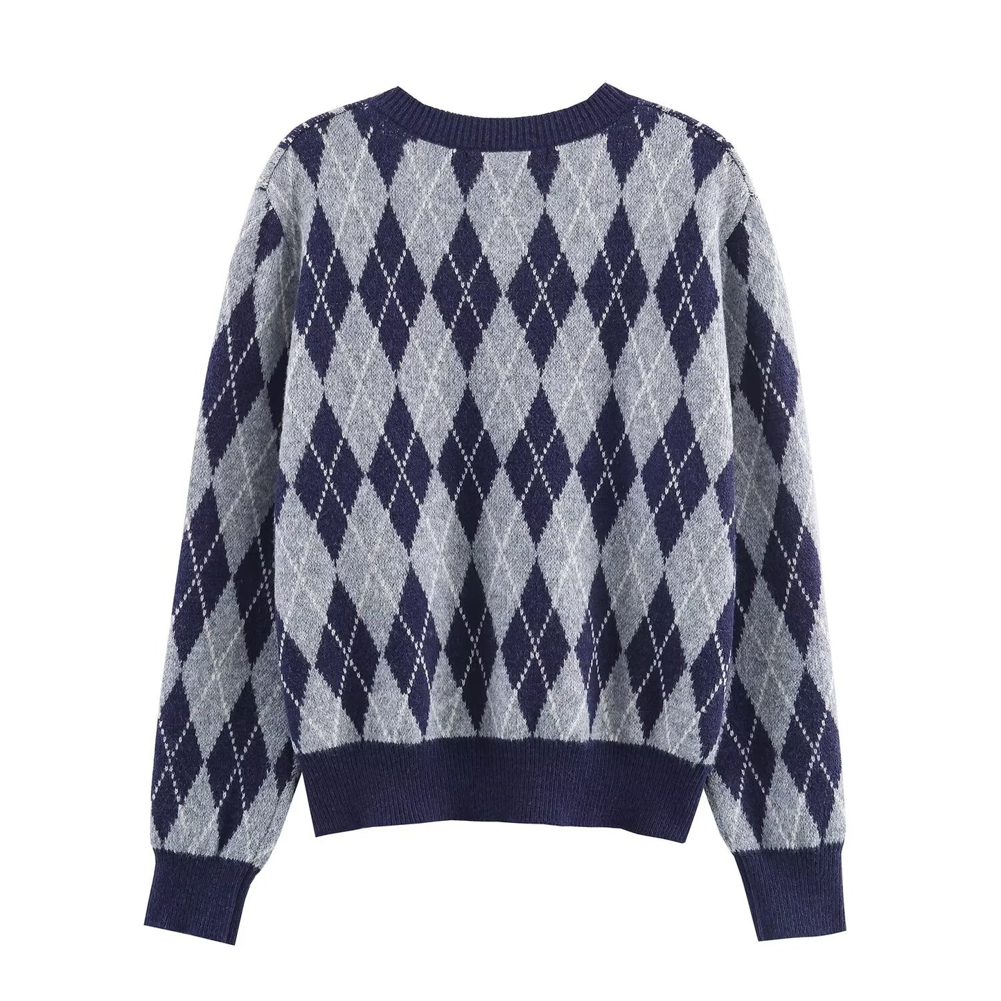 Women's comfortable casual O Neck argyle knitted sweater