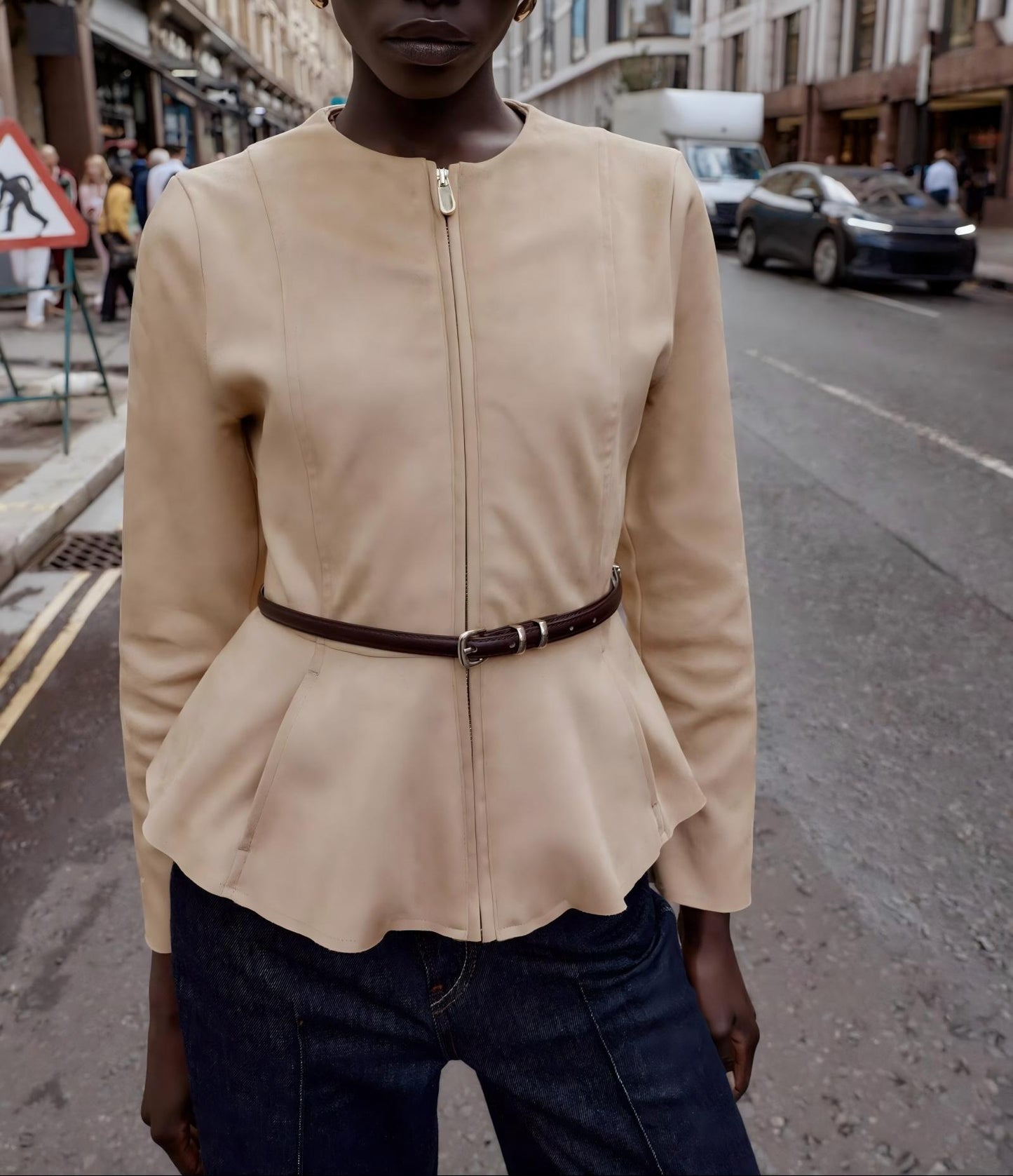 Women's new fashion with Belt suede effect short skirt style hem jacket Coat