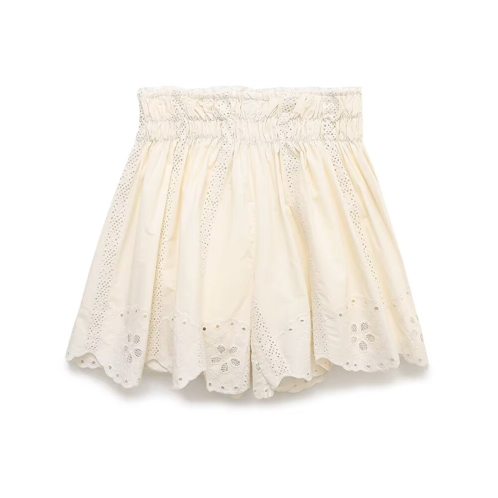 suit Women's 2 pieces new fashion hollow embroidery suspender top +shorts suit