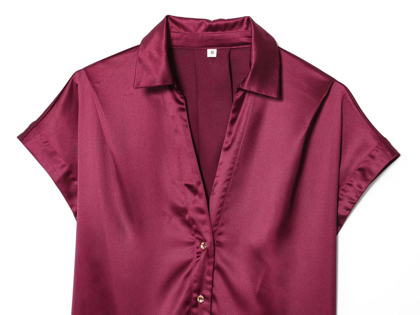 Women's new fashion with Belt short sleeved satin textured shirt+Pants suit