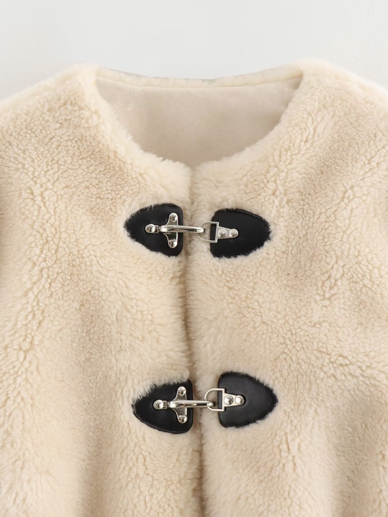 Women's new spring buckle round neck fleece Coat