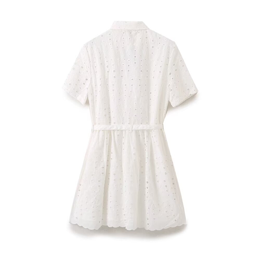 Women's New Fashion With Belt Hollow Embroidered shirt style Mini Dress