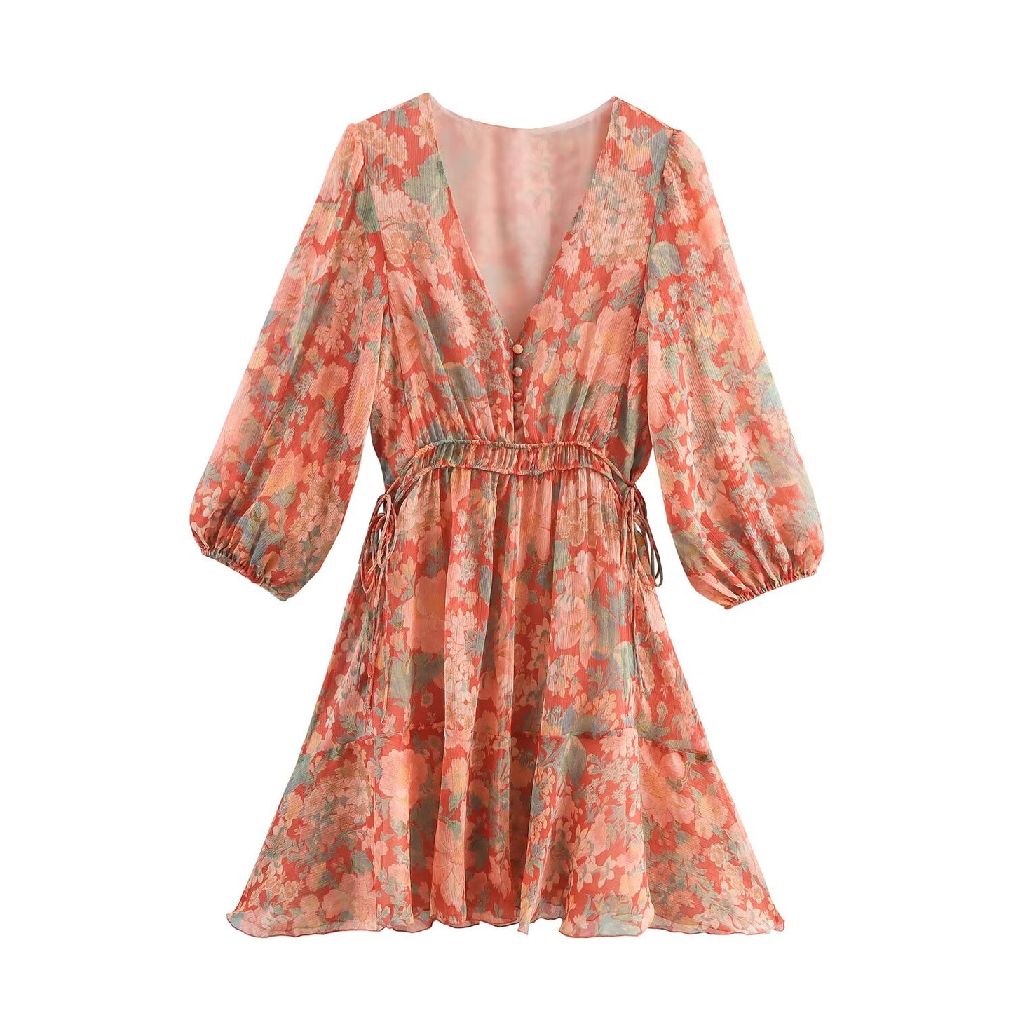 Women's Summer Fashion Printed V-neck Lantern Sleeve Mini Dress