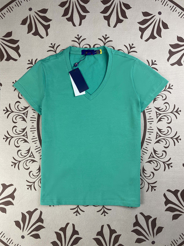 Women's New Fashion Joker Embroidered Pure Cotton Solid Color V-neck Slim T-shirt