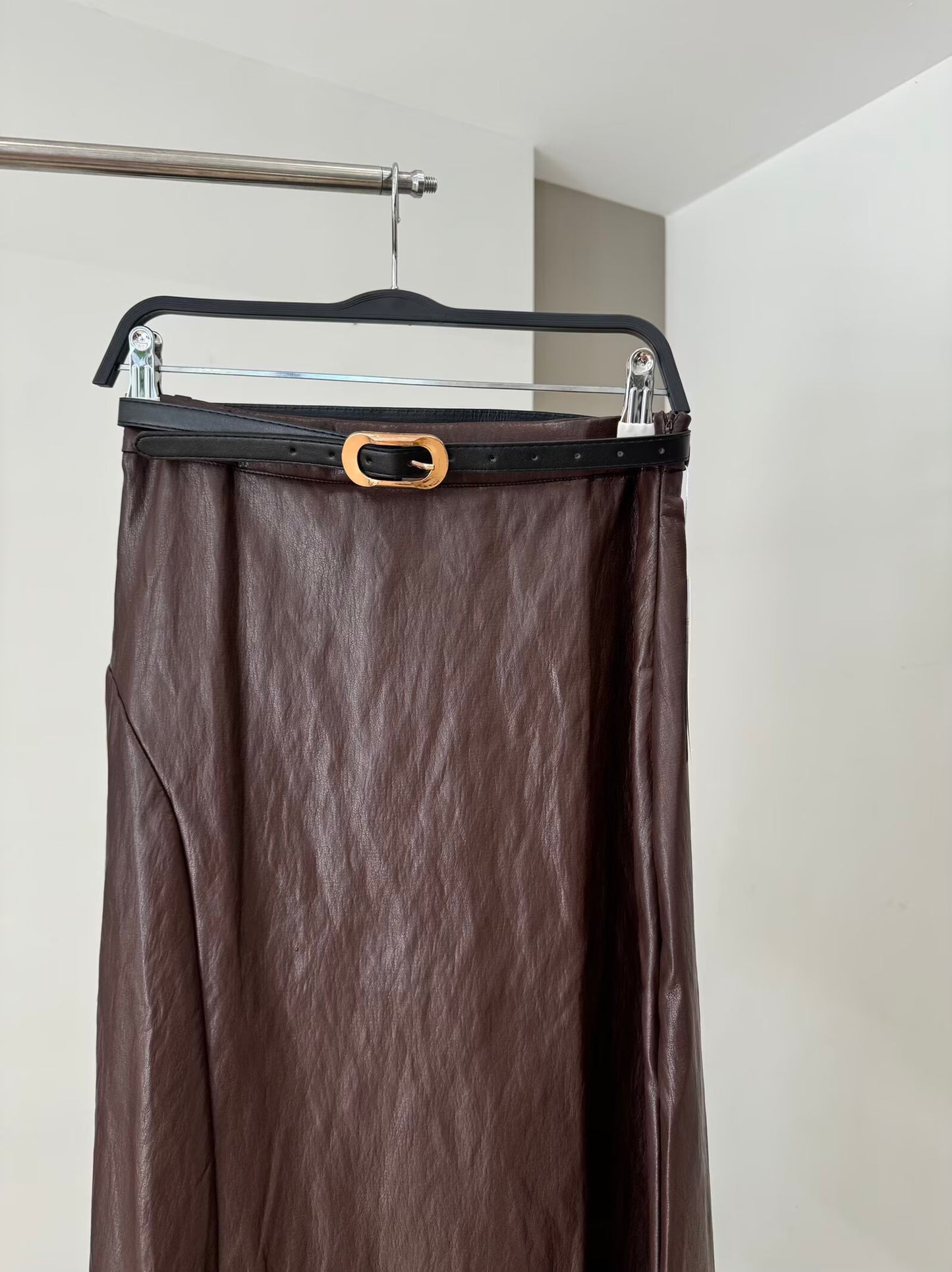 Women's New Fashion With Belt Casual Leather Effect Midi Skirt