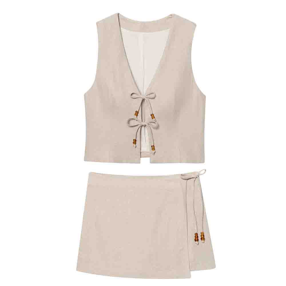 suit Women's 2 pieces New bow decoration linen blended vest+shorts suit
