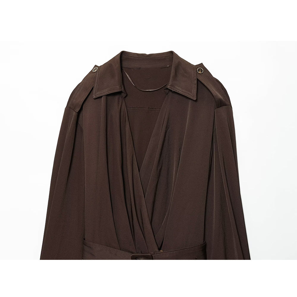 Women's New Fashion With Belt Long Sleeve Pleated Midi Dress