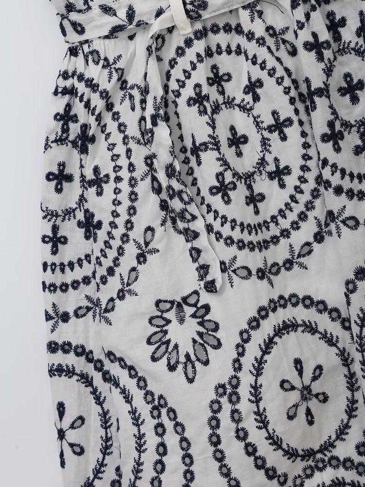 Women's New Fashion With Belt Casual Single breasted Embroidered Midi Dress