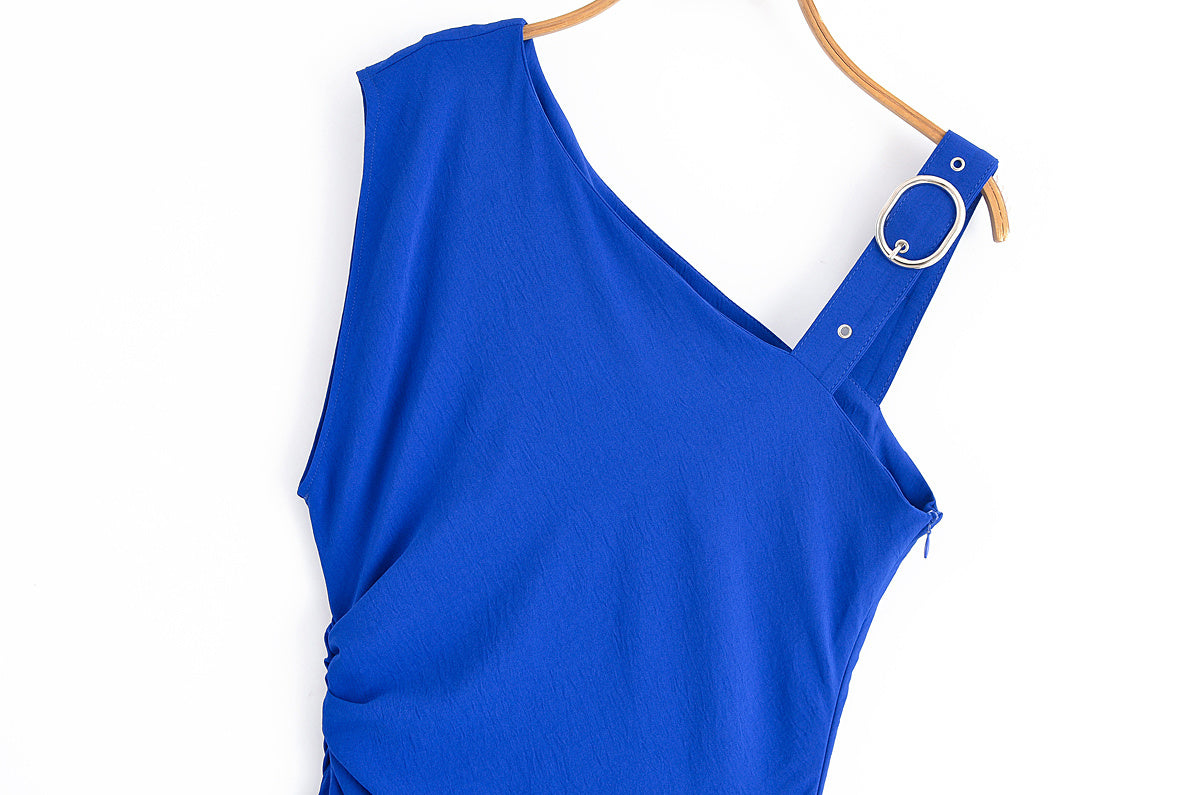 Women's new fashion Asymmetric Metal Buckle Design Slant Shoulder Midi Dress