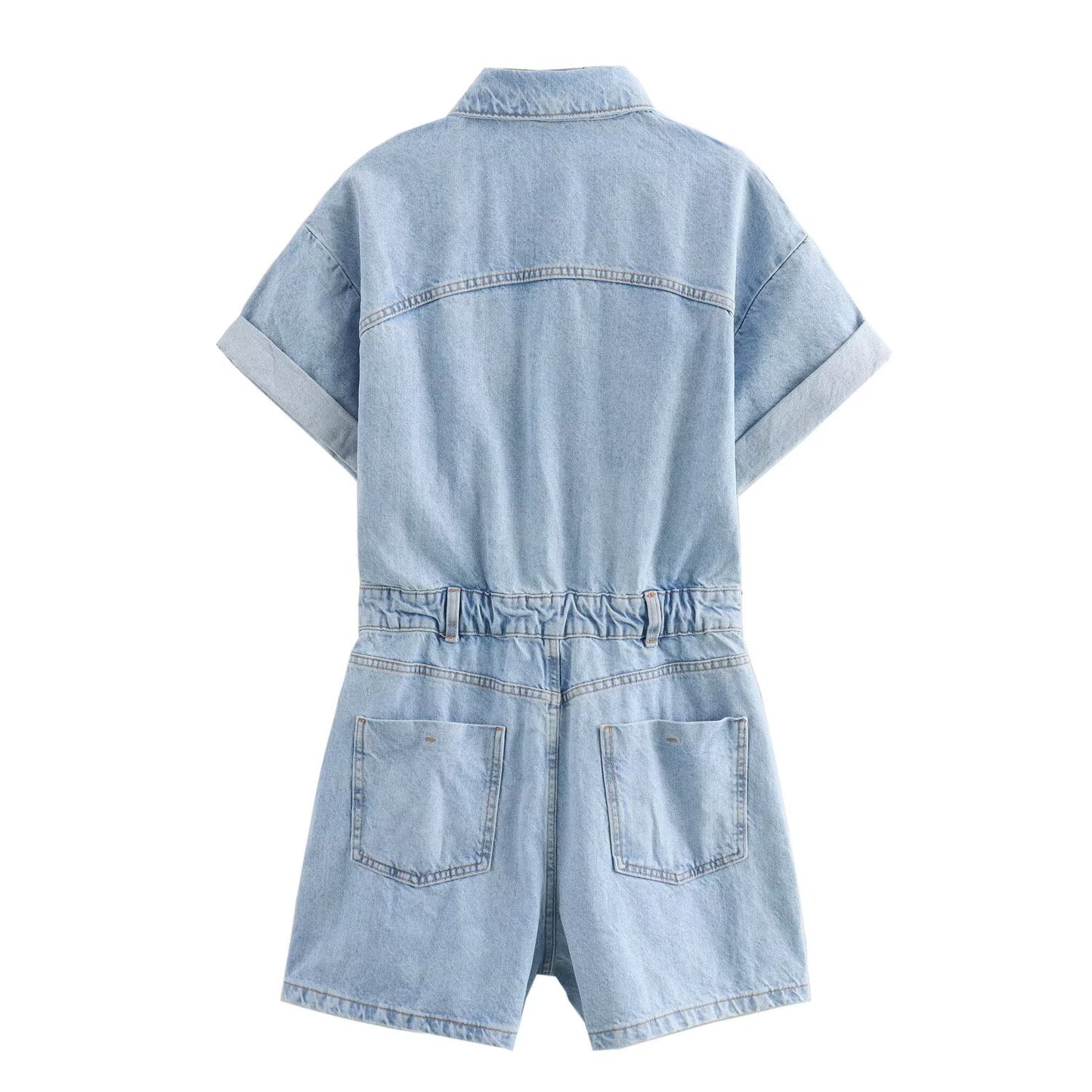 Women's new fashion short sleeved single breasted denim jumpsuit