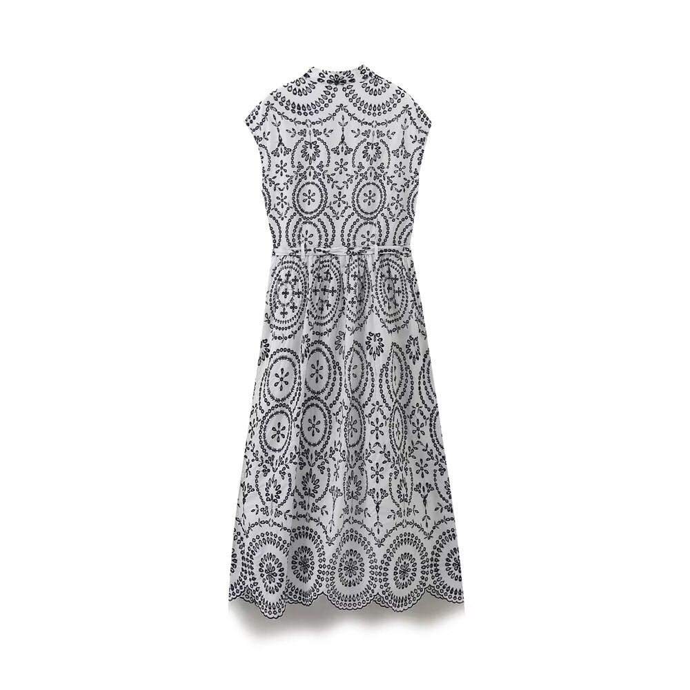 Women's New Fashion With Belt Casual Single breasted Embroidered Midi Dress