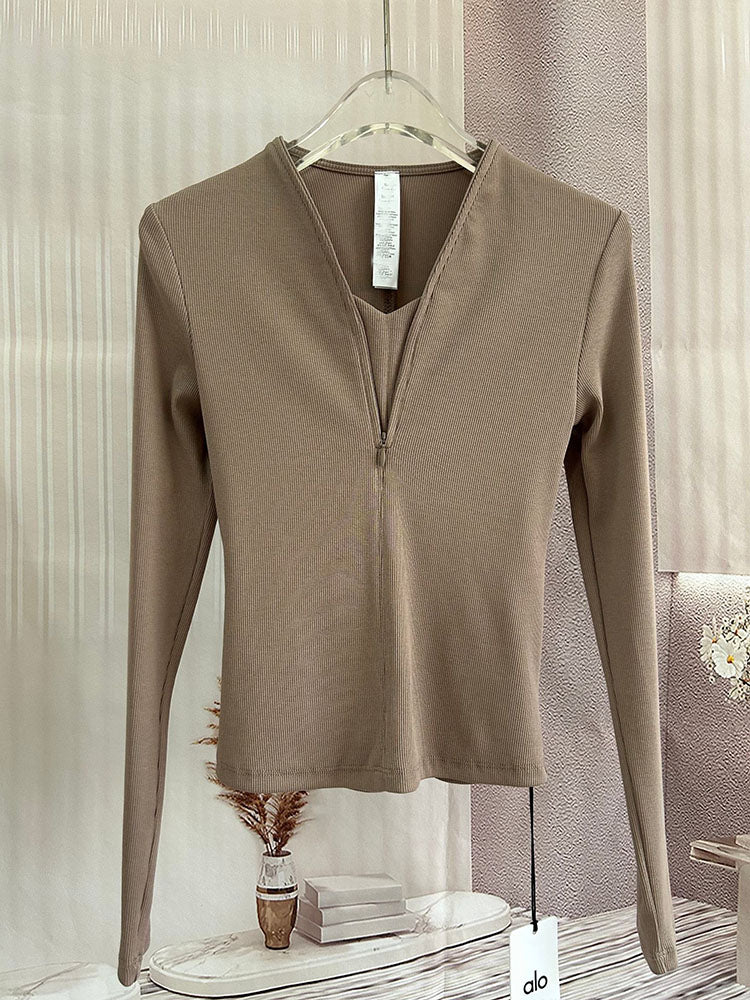 Women's New Casual Joker Slim V-neck Zipper Sports Fitness Long Sleeve Bottoming Shirt