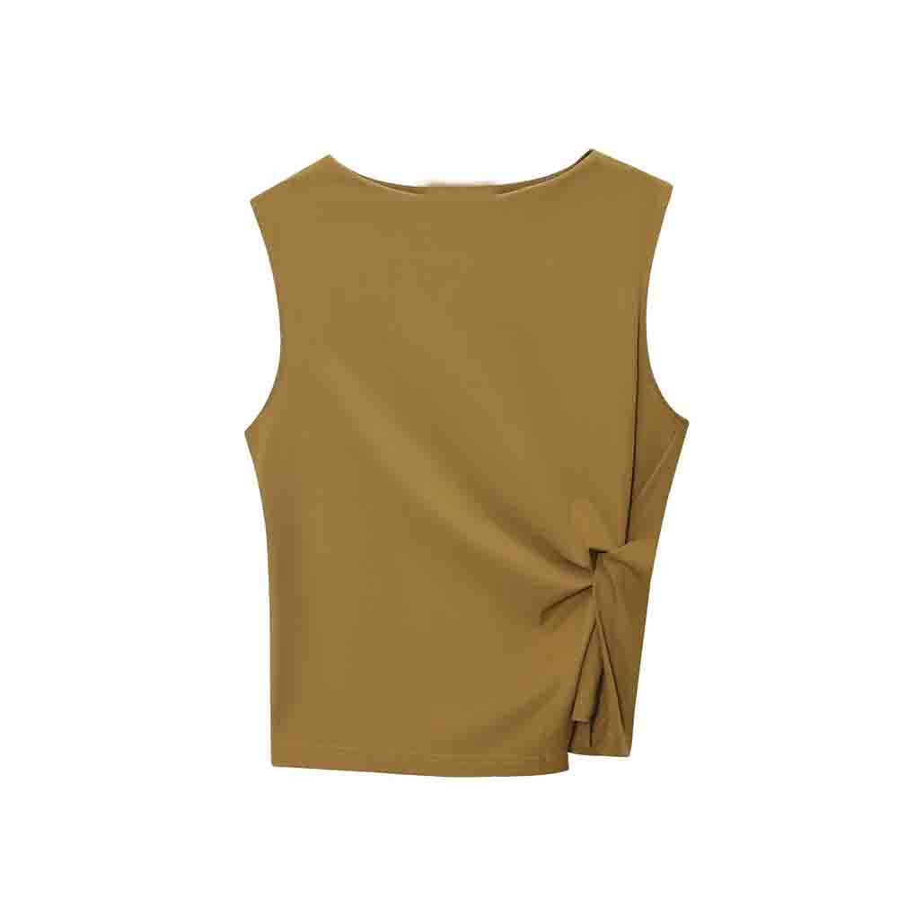Women's new fashion slim boat neck pleated texture vest top