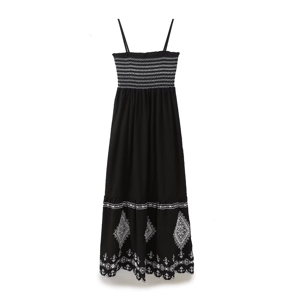 Women's new fashion sleeveless pleated embroidered suspender MIDI dress