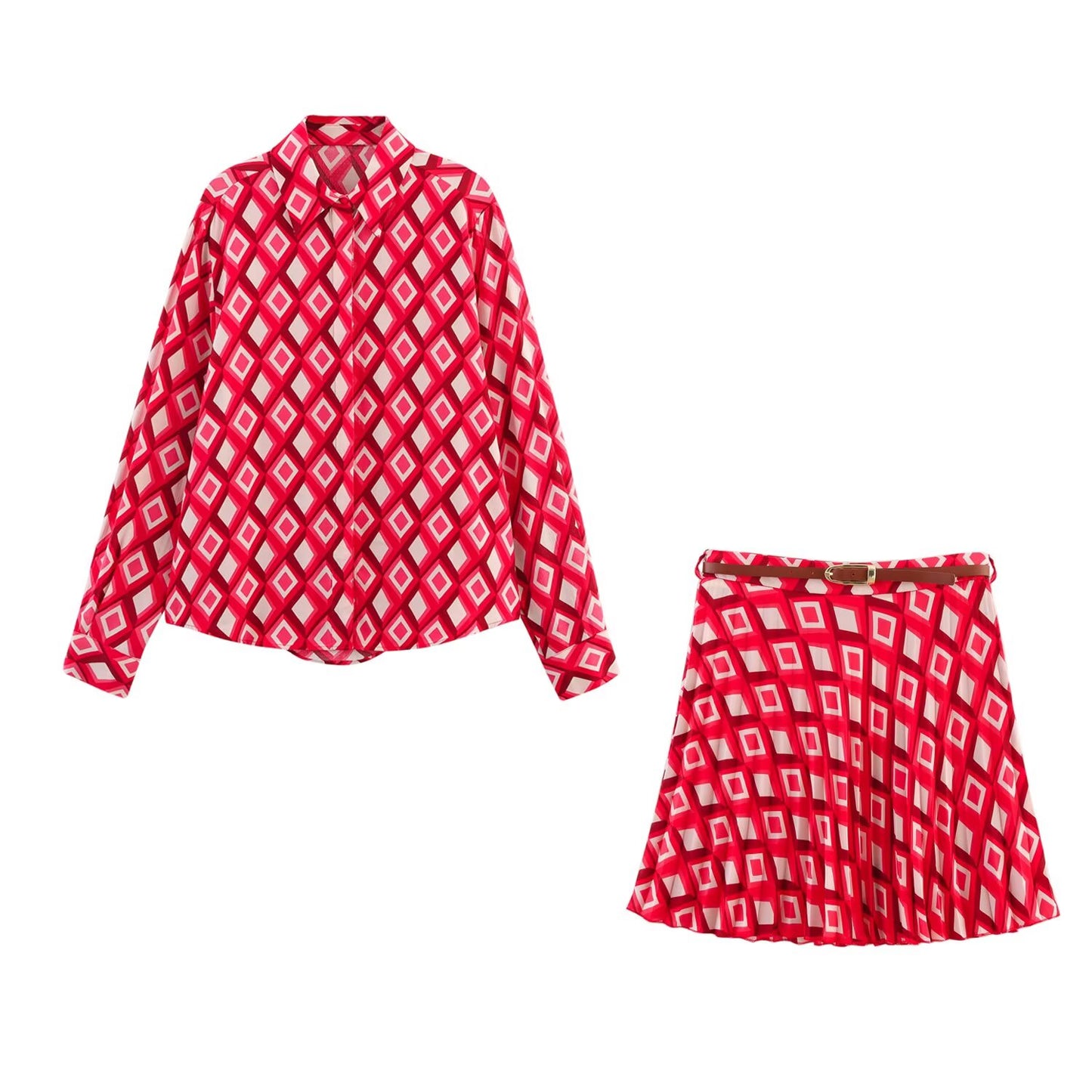 Ladies' new fashion casual single breasted geometric print shirt retro long sleeved women's shirt chic top+Skirts Women's suit