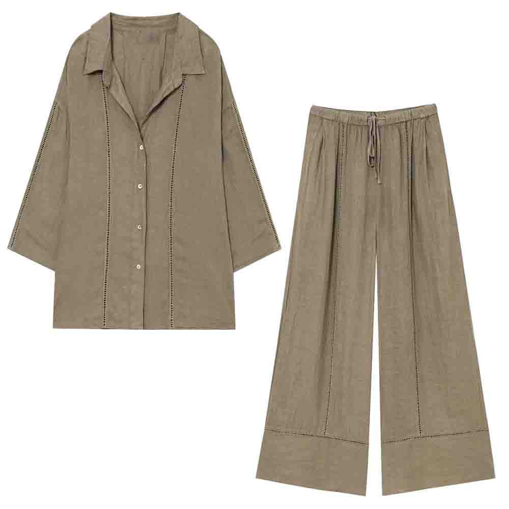 suit Women's 2 pieces new loose linen blend long sleeved shirt+Pants suit