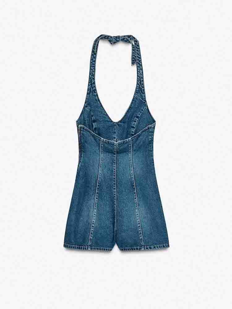 Women's new fashion sleeveless backless hanging neck collar denim jumpsuit