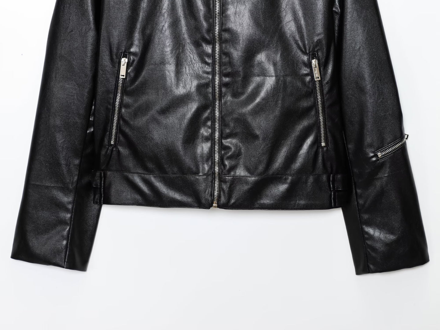 Women's new fashion black stand collar Faux Leather jacket Coat+Pants suit