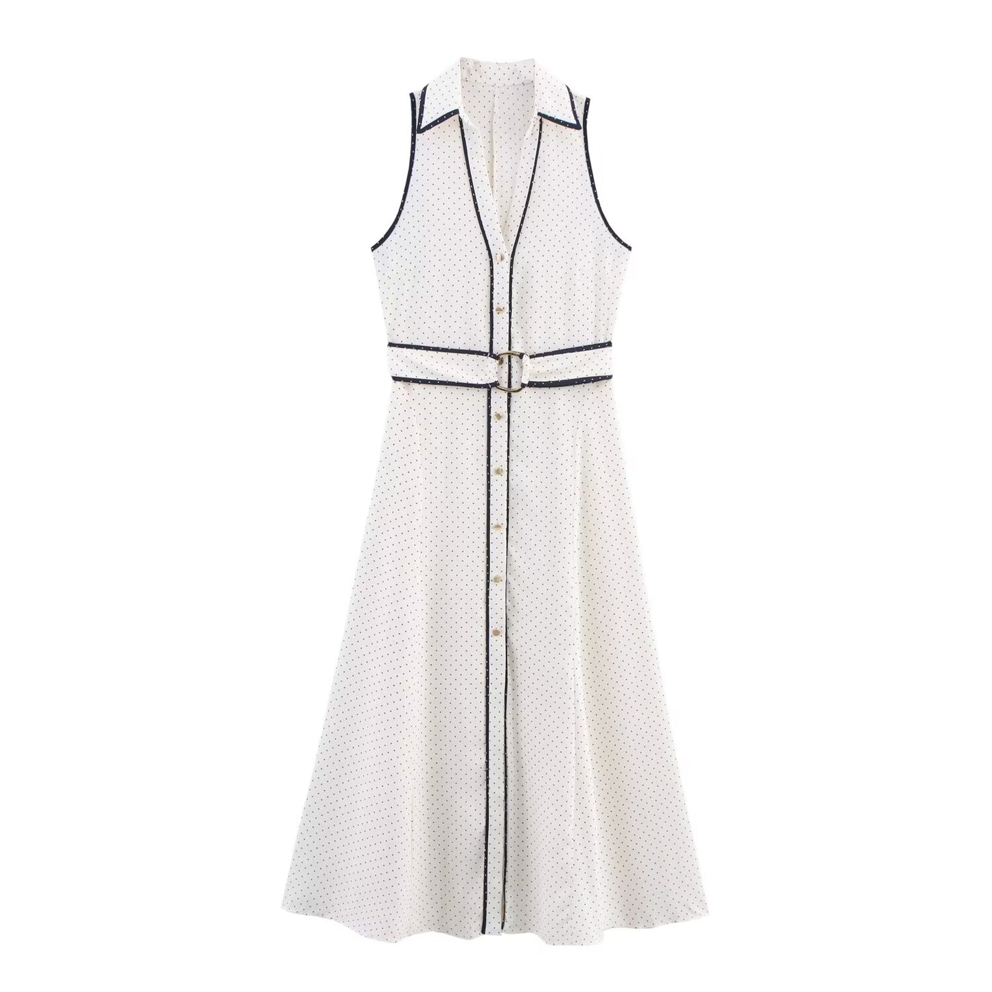 Women's new fashion with Belt polka dot printed shirt style MIDI dress