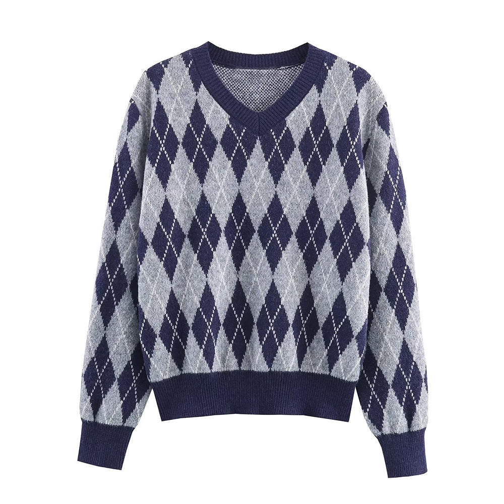 Women's comfortable casual O Neck argyle knitted sweater