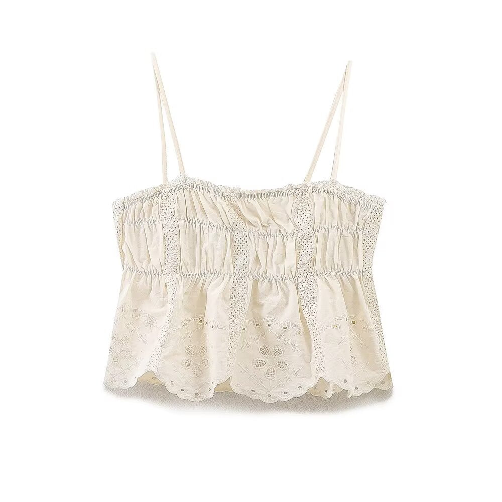 2025 Women's fashion Hollow embroidery suspender top+shorts suit