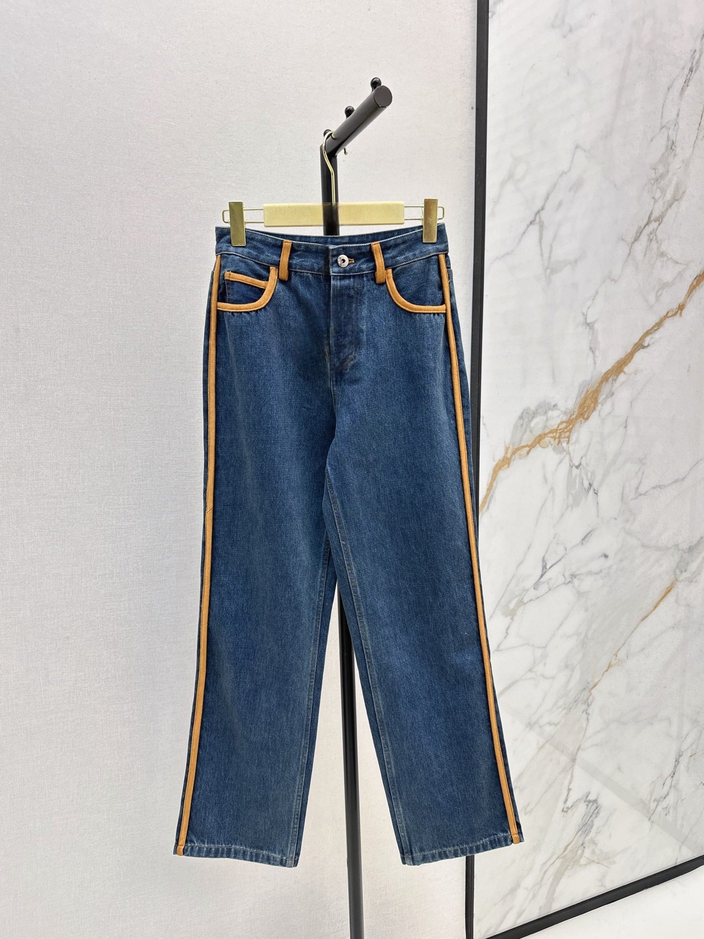 Women's split leather decorative denim fabric off-the-shoulder jacket coat+trousers