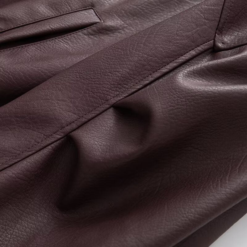 Women's with Belt loose zipper imitation leather jacket Coat