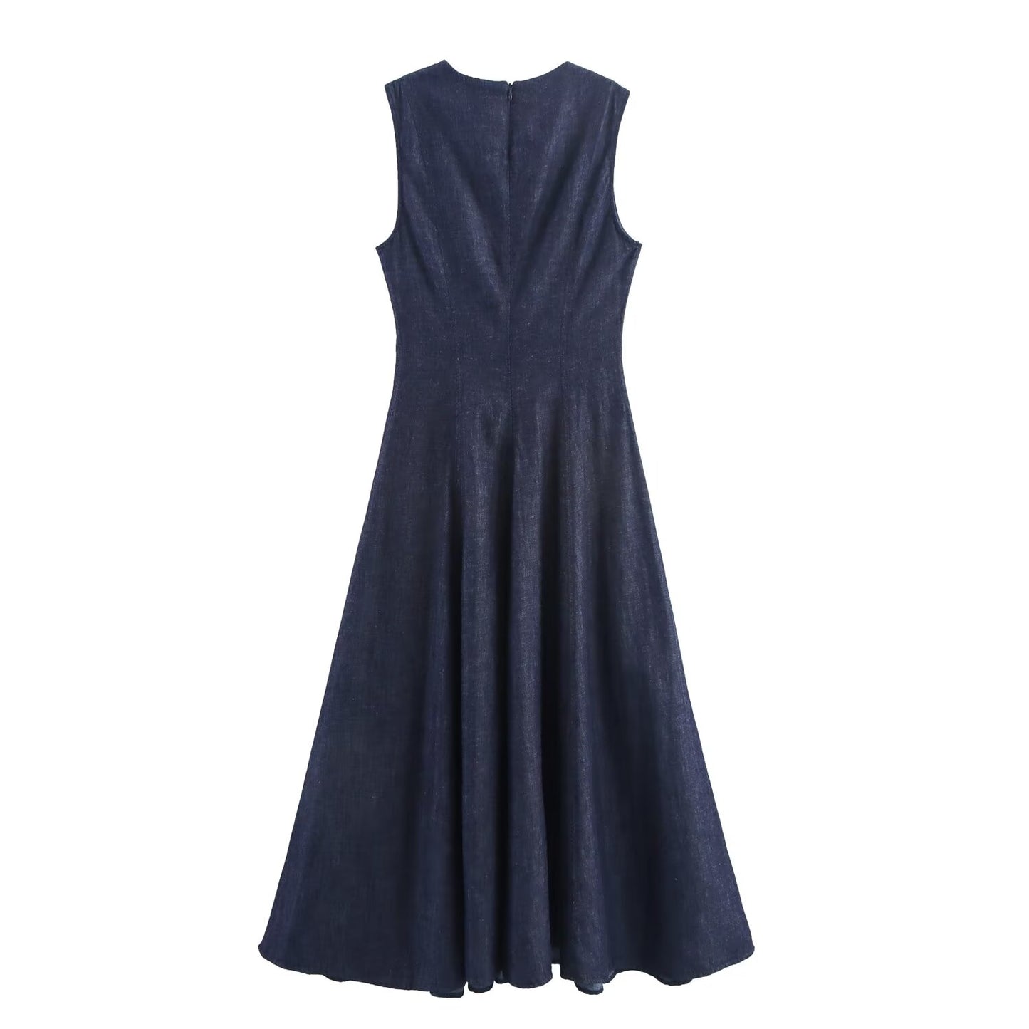 Women's new fashion sleeveless round neck denim Midi dress