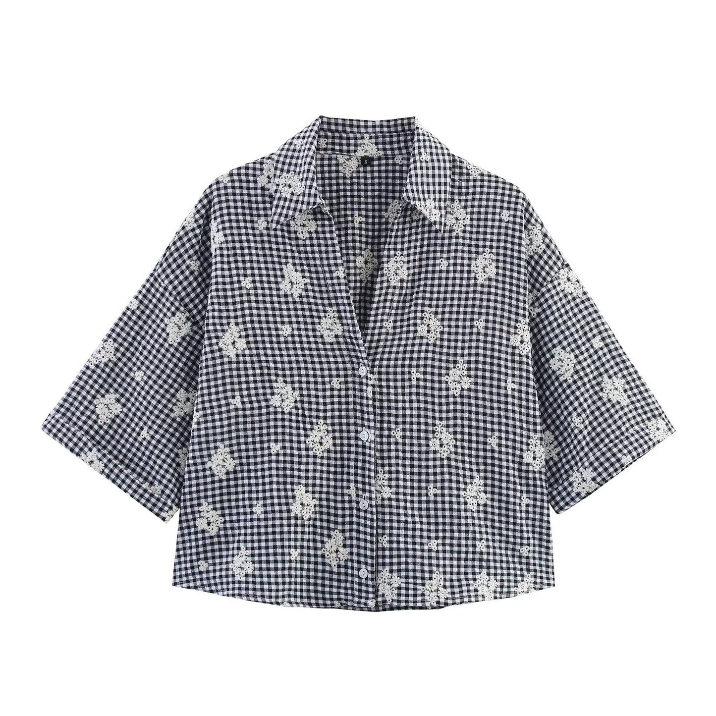 Women's new fashion short sleeved embroidered Plaid shirt+Pants suit