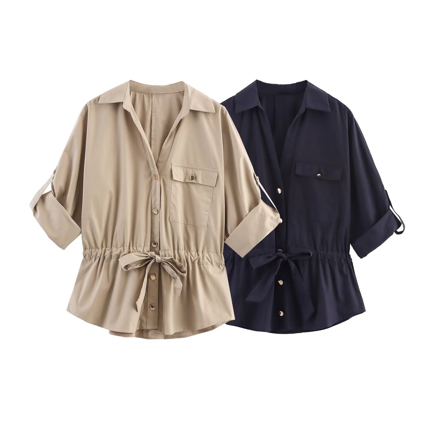 Women's New Fashion With Belt Casual Single breasted Poplin Shirt