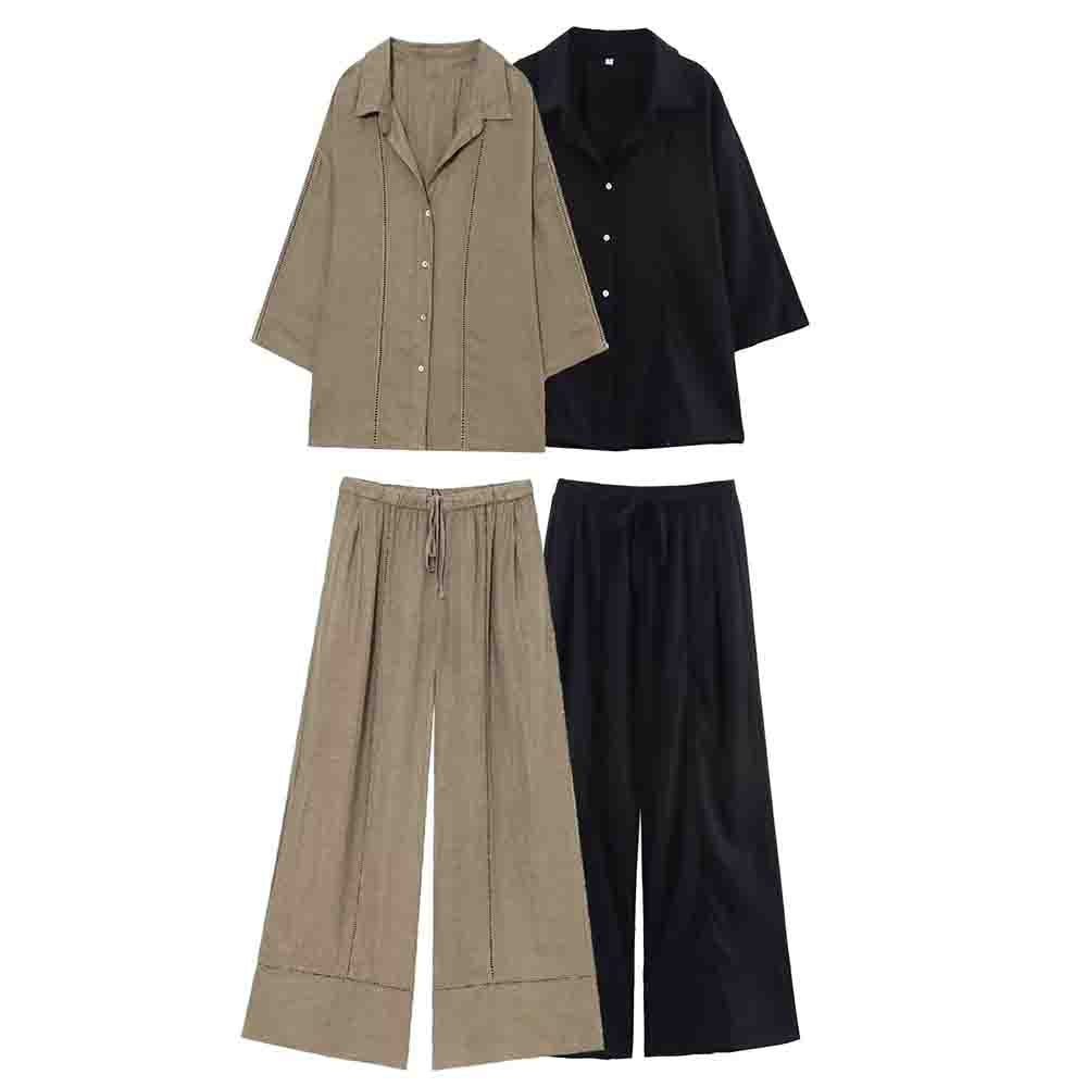 suit Women's 2 pieces new loose linen blend long sleeved shirt+Pants suit